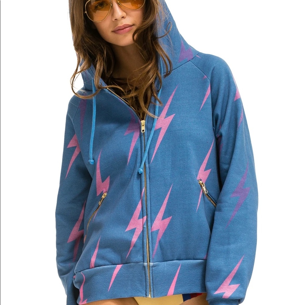 Aviator Nation Blue Hoodie with Pink Lightning Bolts